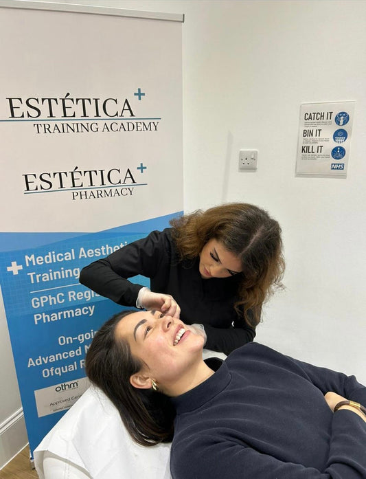 Trainee demonstrating anti wrinle injection on live model during foundation aesthetics course in London